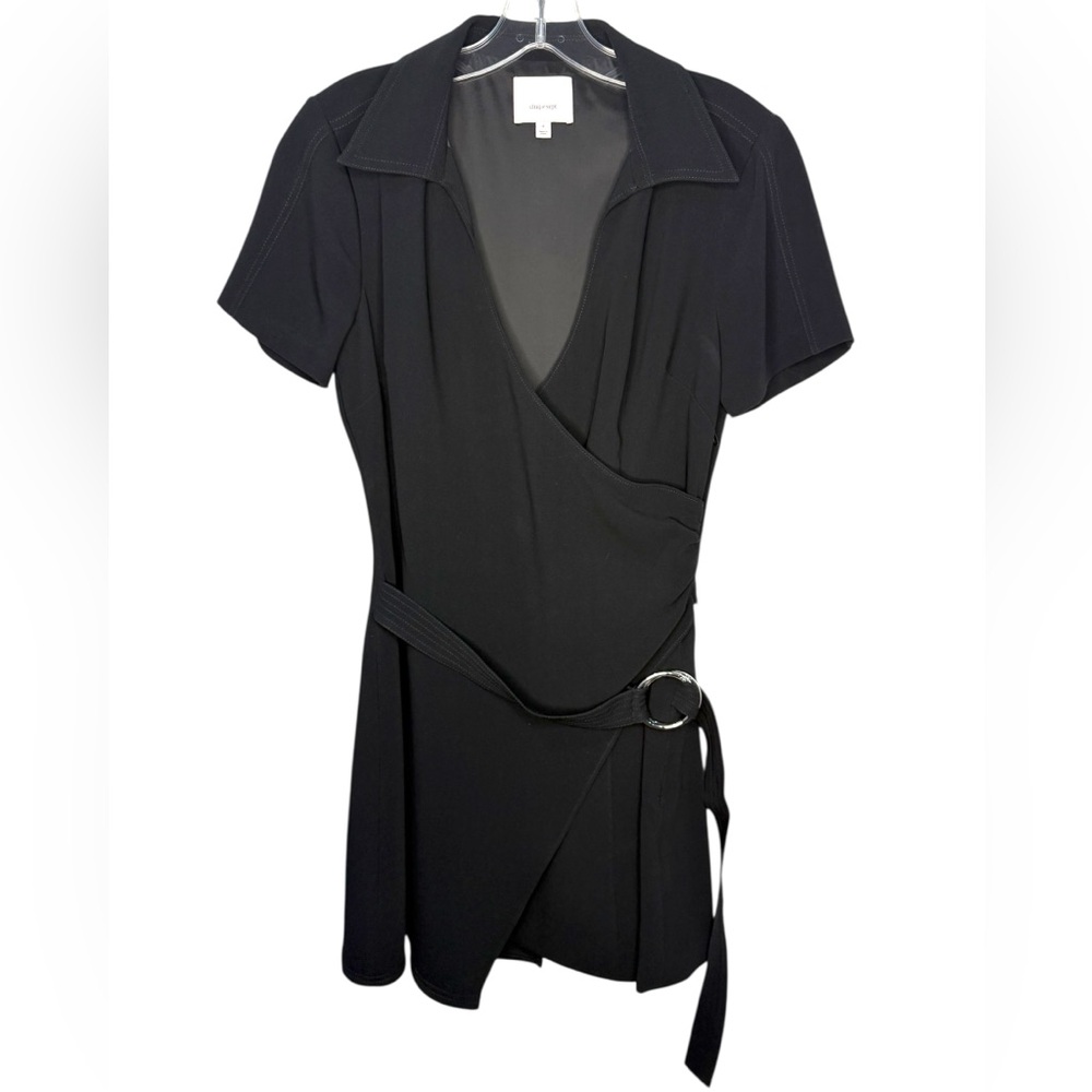 Cinq à Sept Lee Black Faux Wrap Dress Short Sleeve Belt Size 4